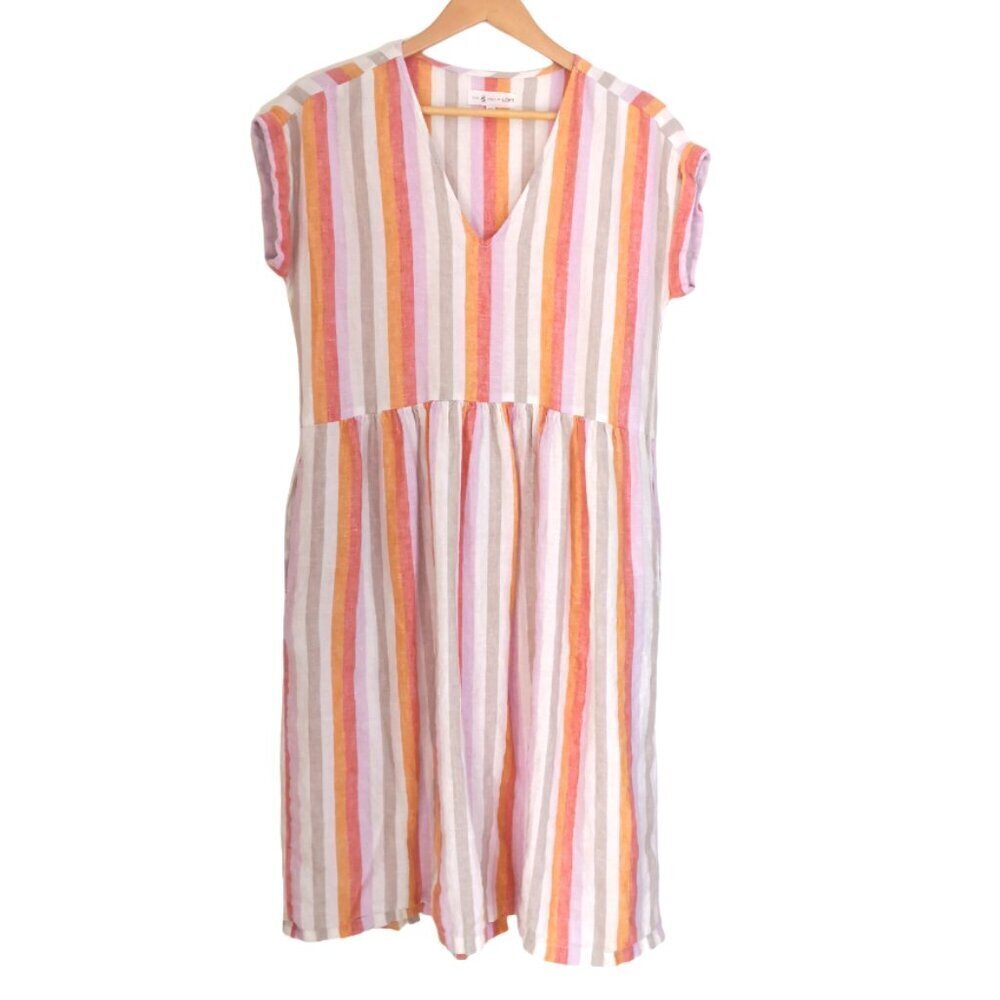 New Lou &‎ Grey 100% Linen V Neck Stripe Dress Orange/Tan Size XS